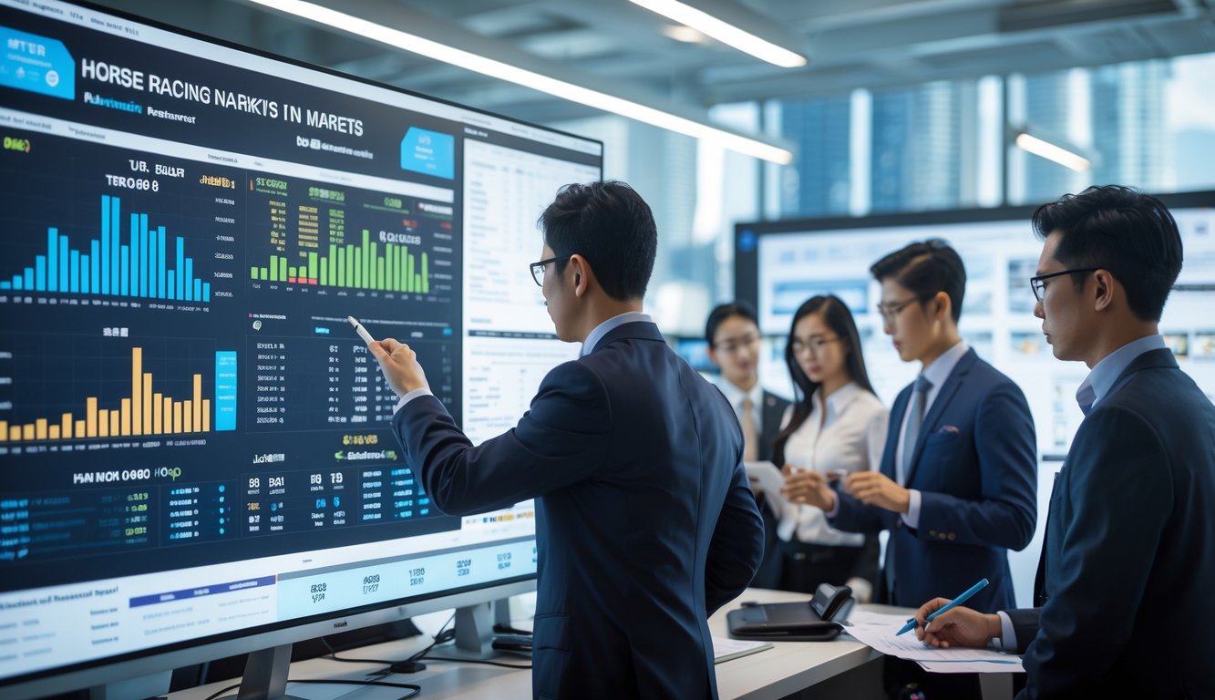 Sekelompok profesional sedang menganalisis data dan grafik balap kuda di layar digital dalam ruangan kantor modern.