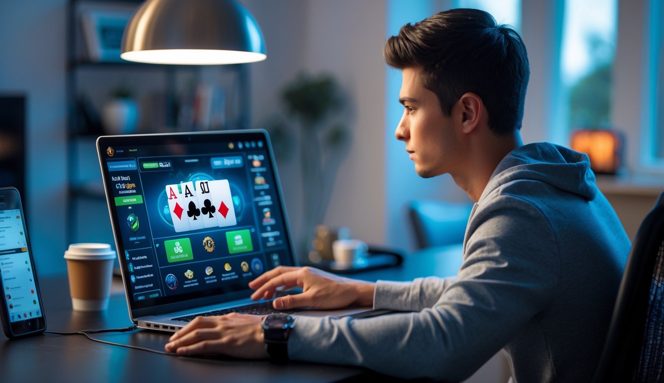 Seorang pria muda duduk di meja dengan laptop yang menampilkan permainan poker online, terlihat fokus dan serius.