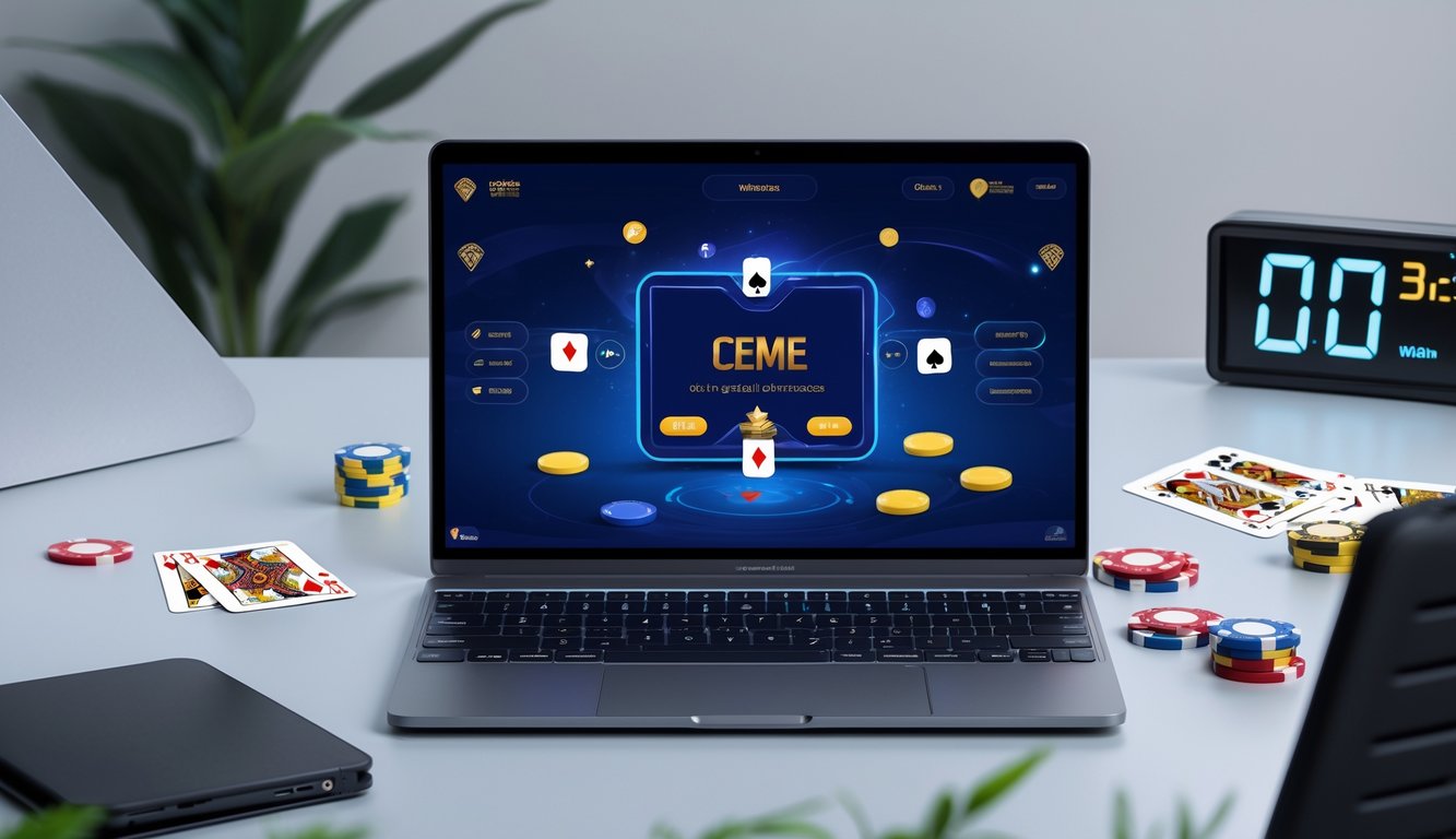 Seorang pemain sedang menggunakan komputer dengan tampilan permainan kartu Ceme online, dikelilingi oleh kartu dan chip poker di meja.