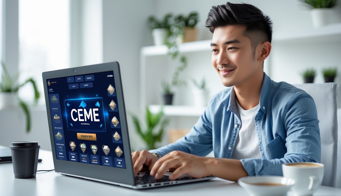 Seorang pria muda duduk di meja dengan laptop, fokus bermain permainan Ceme online di ruang kerja rumah yang terang dan rapi.