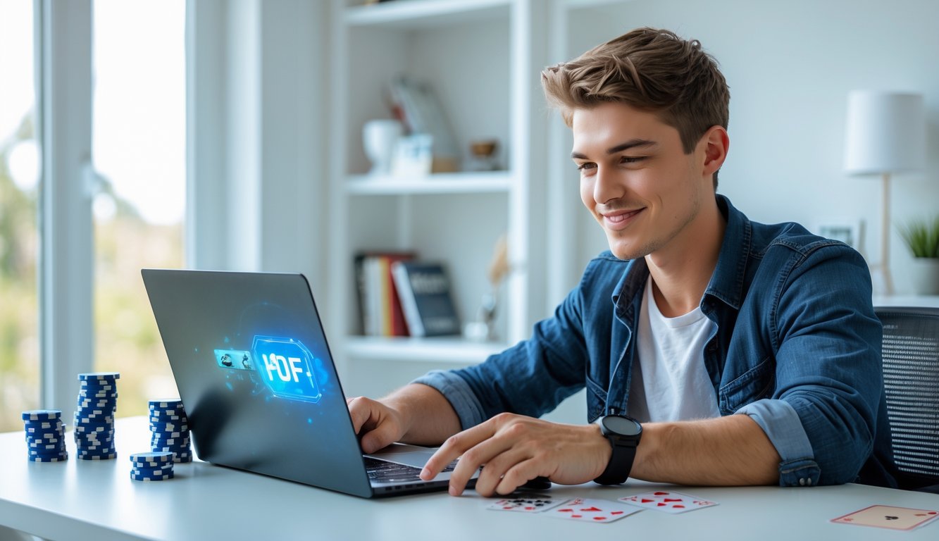 Seorang pria muda duduk di meja dengan laptop dan kartu remi, fokus bermain permainan kartu online di ruangan yang terang dan rapi.