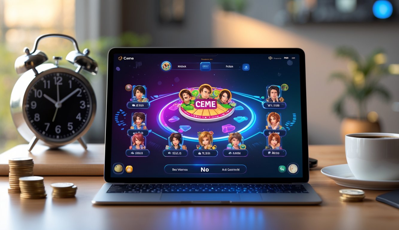 Seseorang bermain permainan kartu Ceme online di laptop dengan tampilan antarmuka permainan yang cerah dan ramah, di ruang kerja yang nyaman.