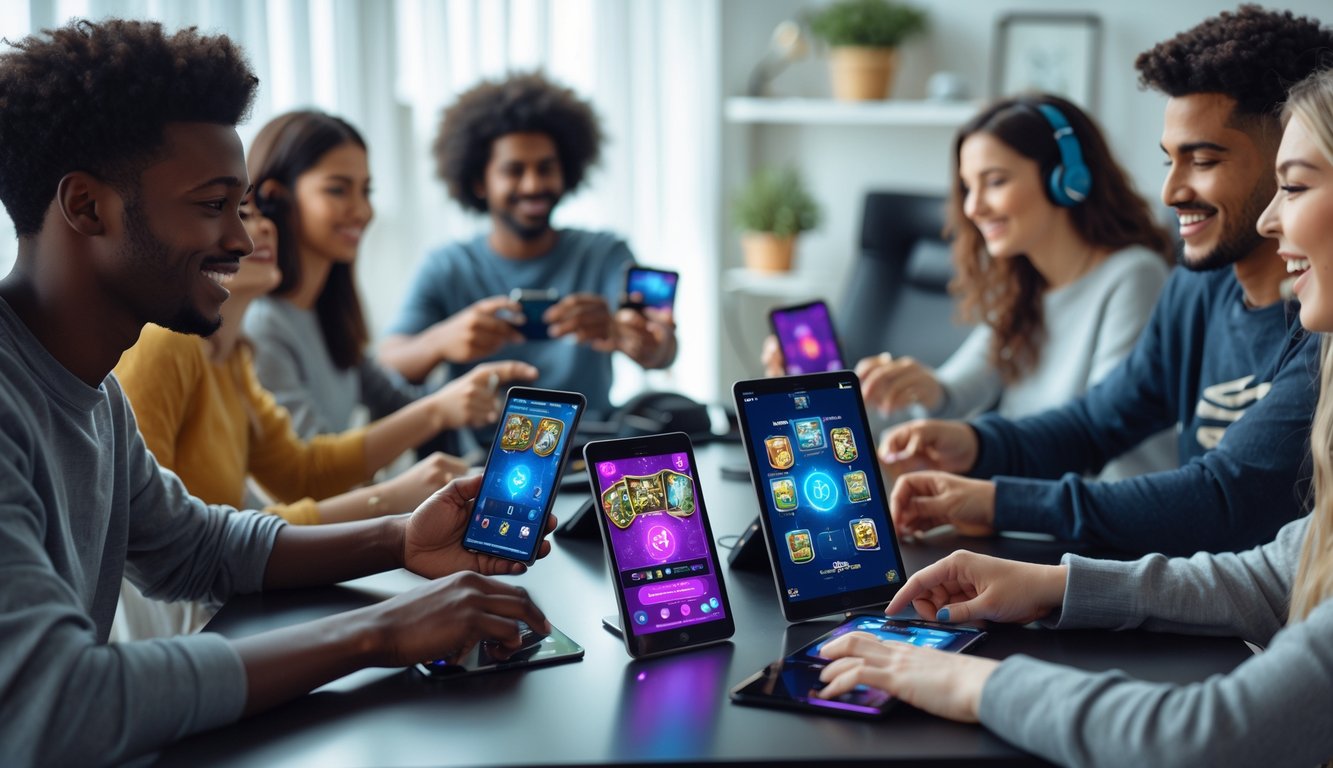 Sekelompok orang muda bermain permainan kartu online bersama di ruang dalam yang nyaman dengan perangkat digital.