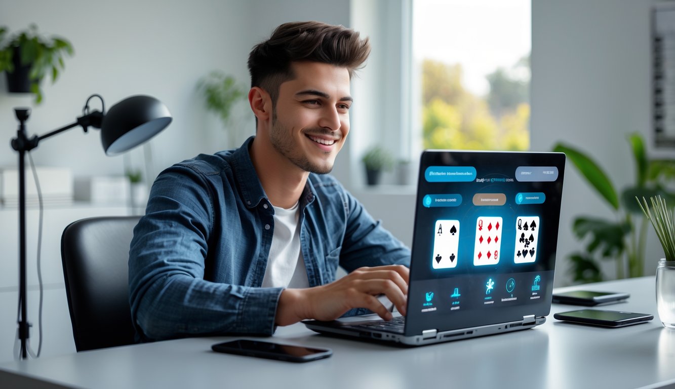 Seorang pria muda duduk di meja dengan laptop, terlihat fokus dan senang saat bermain game kartu online di ruangan terang dengan jendela besar dan tanaman hijau.