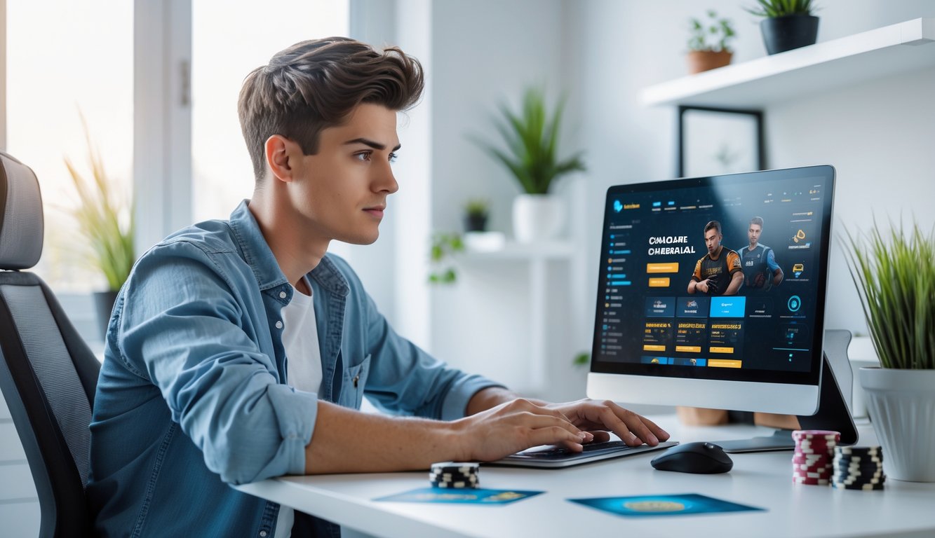 Seorang pria muda duduk di meja kerja dengan laptop, fokus pada layar platform permainan online di ruangan yang terang dan rapi.