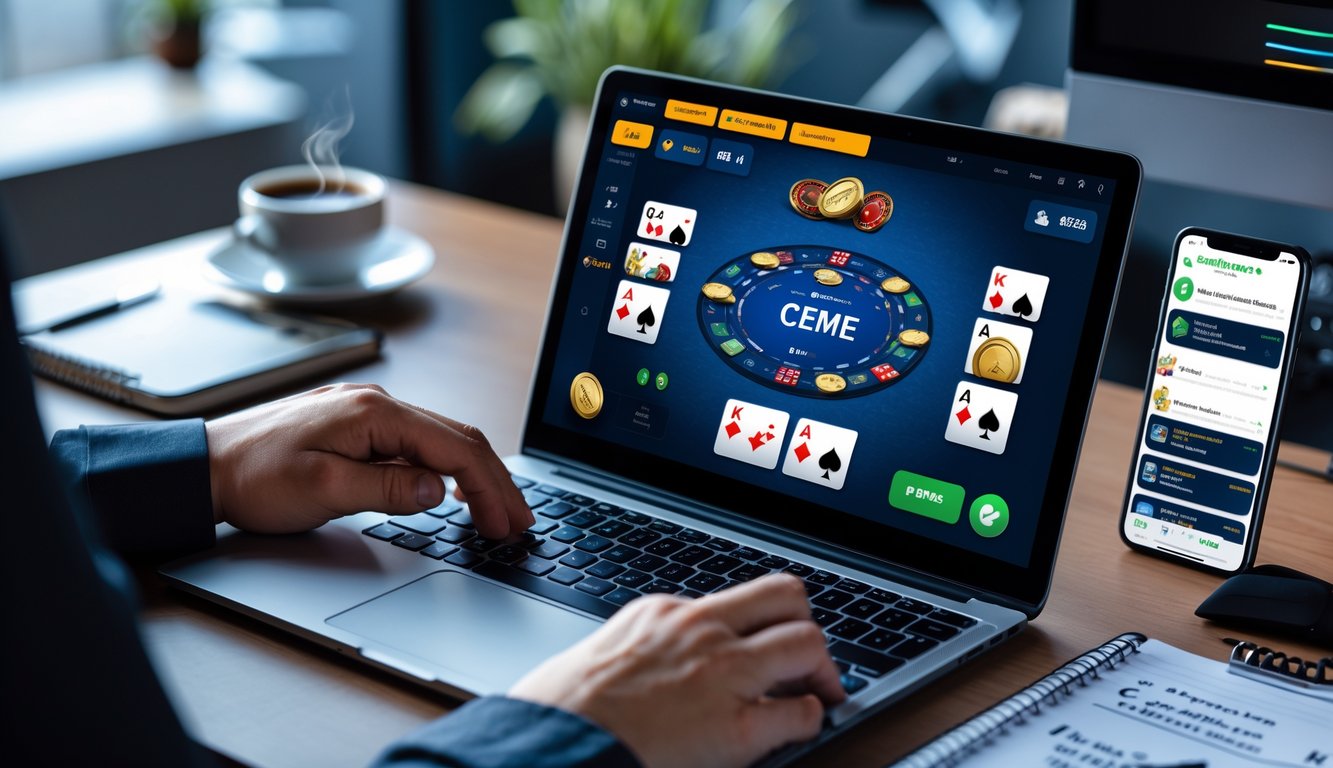 Seorang pemain menggunakan laptop dan ponsel untuk bermain game kartu online Ceme dengan suasana kerja yang rapi dan alat pendukung di meja.