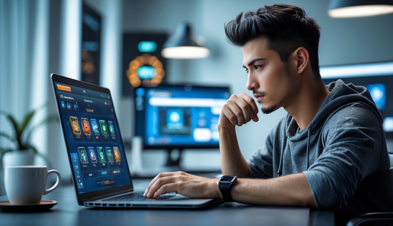 Seorang pria muda duduk di depan laptop, fokus bermain permainan kartu online di ruangan yang terang dan modern.