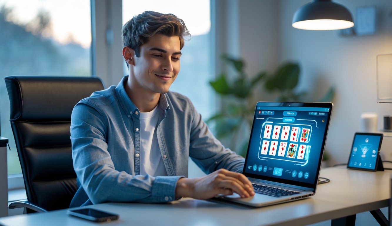 Seorang pria muda duduk di meja dengan laptop, bermain permainan kartu online di ruang kerja yang terang dan rapi.