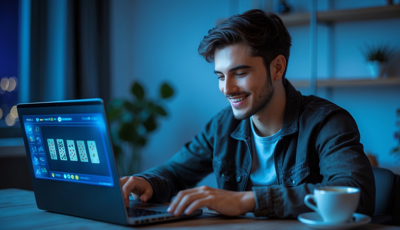 Seorang pria muda sedang bermain permainan kartu online di laptop di dalam ruangan yang nyaman pada malam hari.