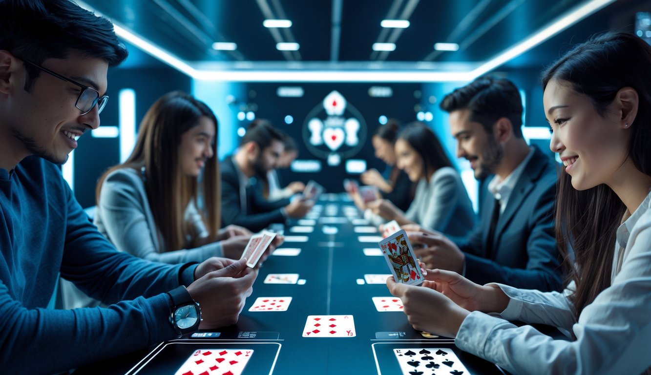 Sekelompok orang bermain kartu secara online menggunakan perangkat digital dalam suasana yang modern dan cerah.