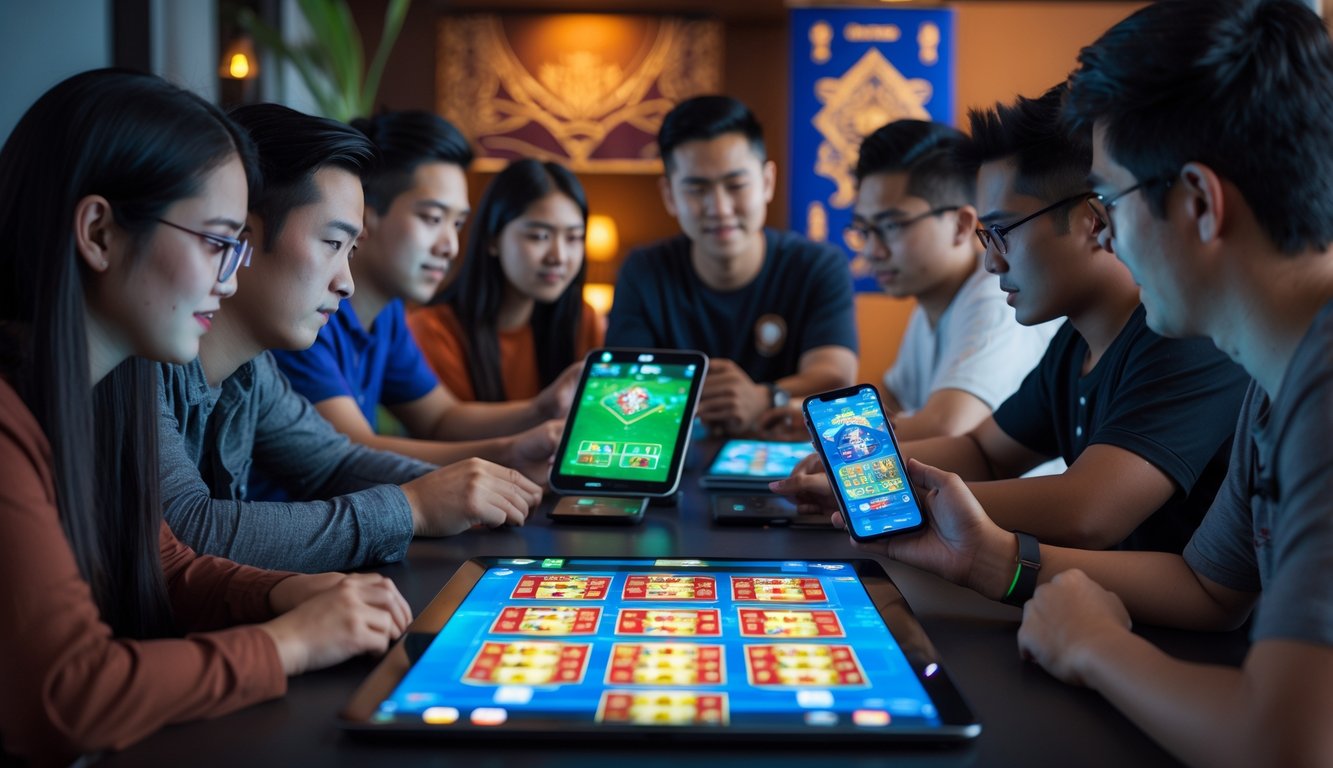 Sekelompok orang muda sedang bermain permainan kartu Ceme secara online menggunakan tablet dan ponsel di meja modern.