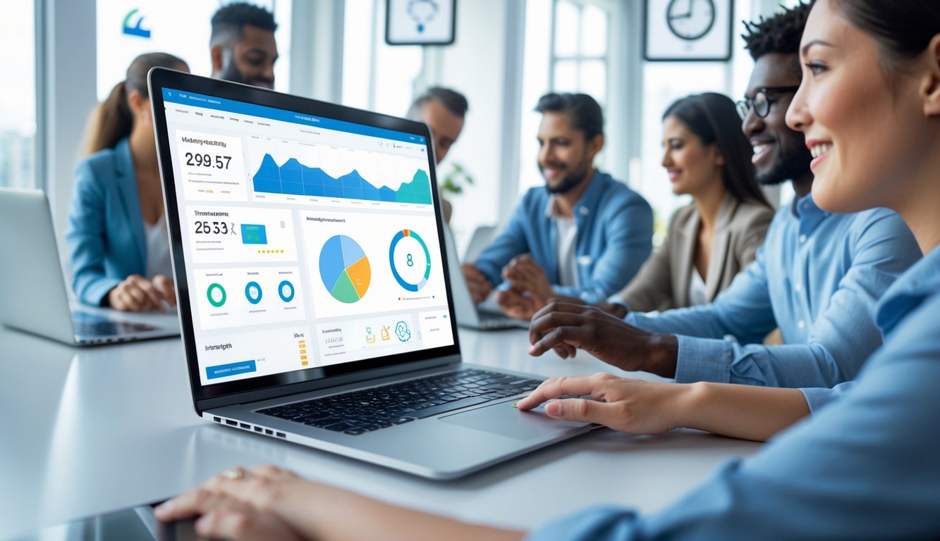 Orang-orang menggunakan laptop dengan tampilan platform online yang aktif sepanjang waktu di ruang kantor modern.