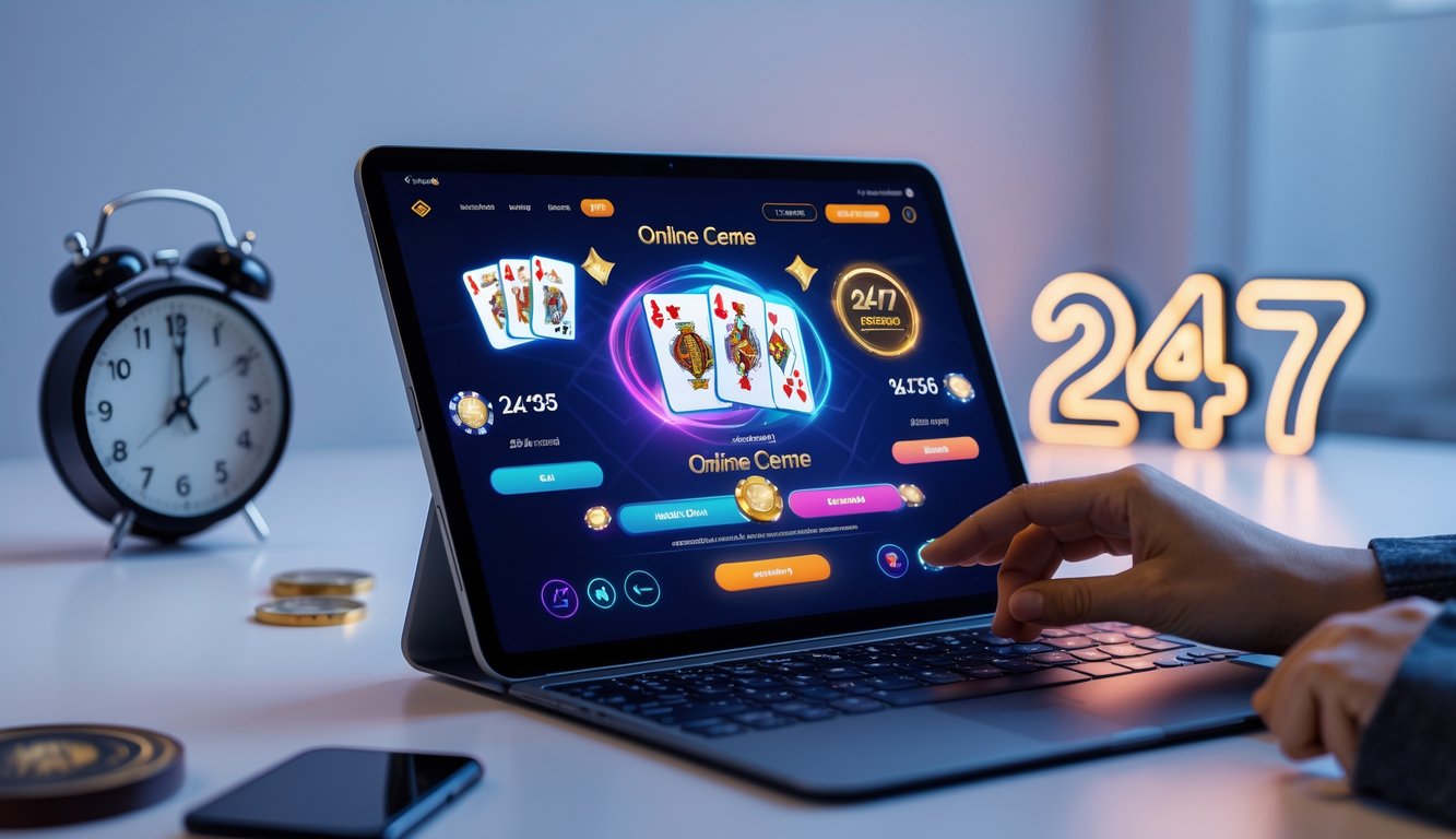 Seorang pengguna sedang bermain game kartu Ceme online di perangkat digital dengan latar belakang yang bersih dan elemen yang menunjukkan layanan 24 jam.