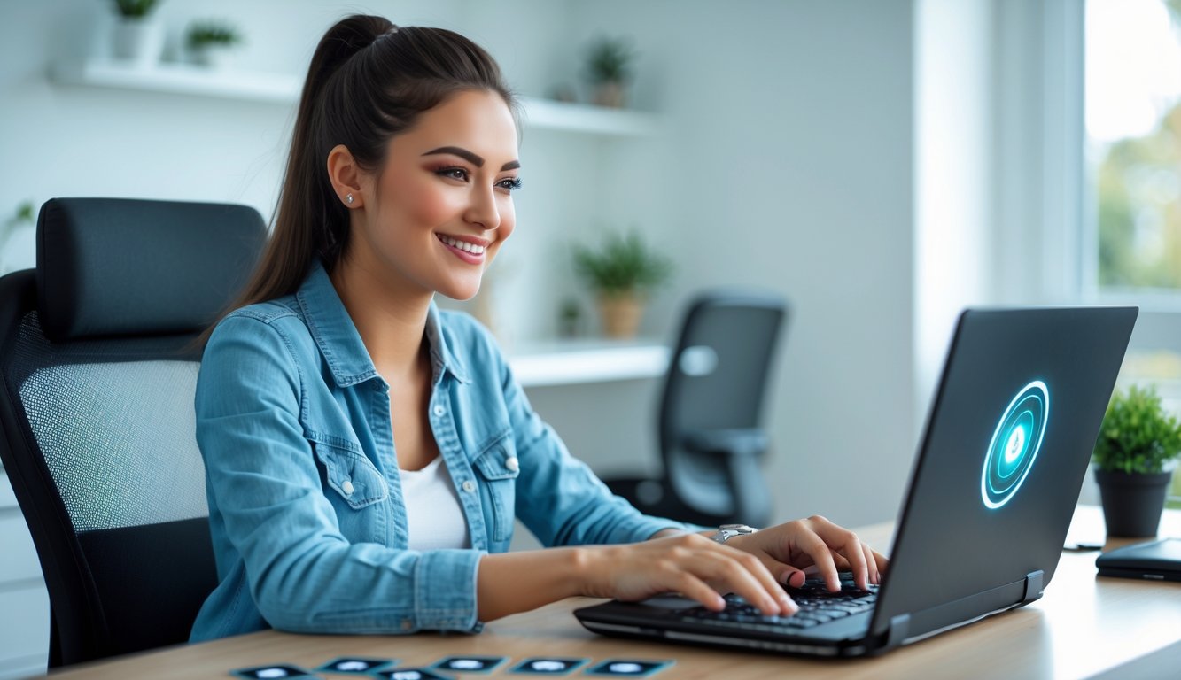 Seorang wanita muda duduk di meja dengan laptop, tersenyum dan fokus bermain game online di lingkungan rumah yang rapi.