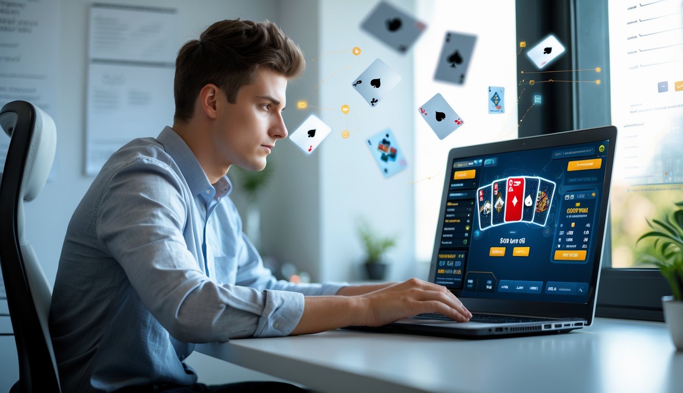 Seorang pria muda duduk di meja dengan laptop, fokus bermain permainan kartu online di ruang kerja yang terang.