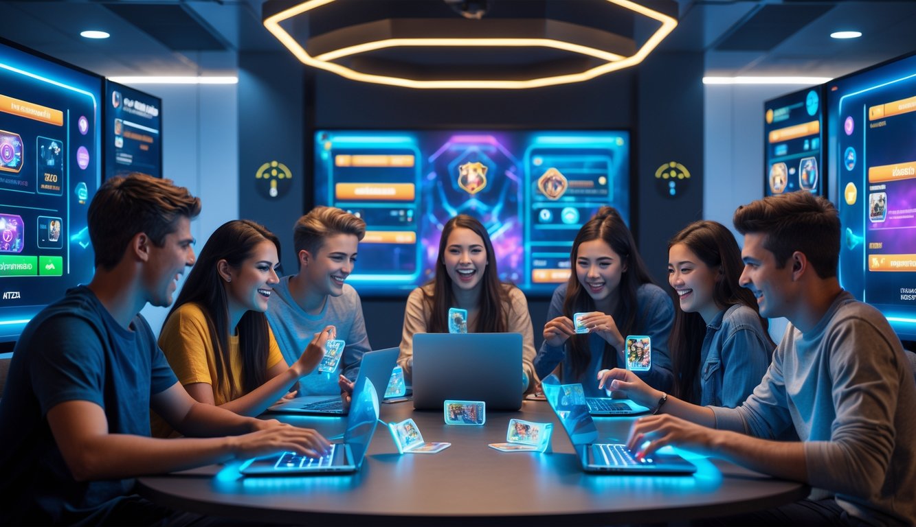 Sekelompok orang muda bermain permainan kartu online bersama di sebuah ruangan modern dengan layar besar dan perangkat digital.