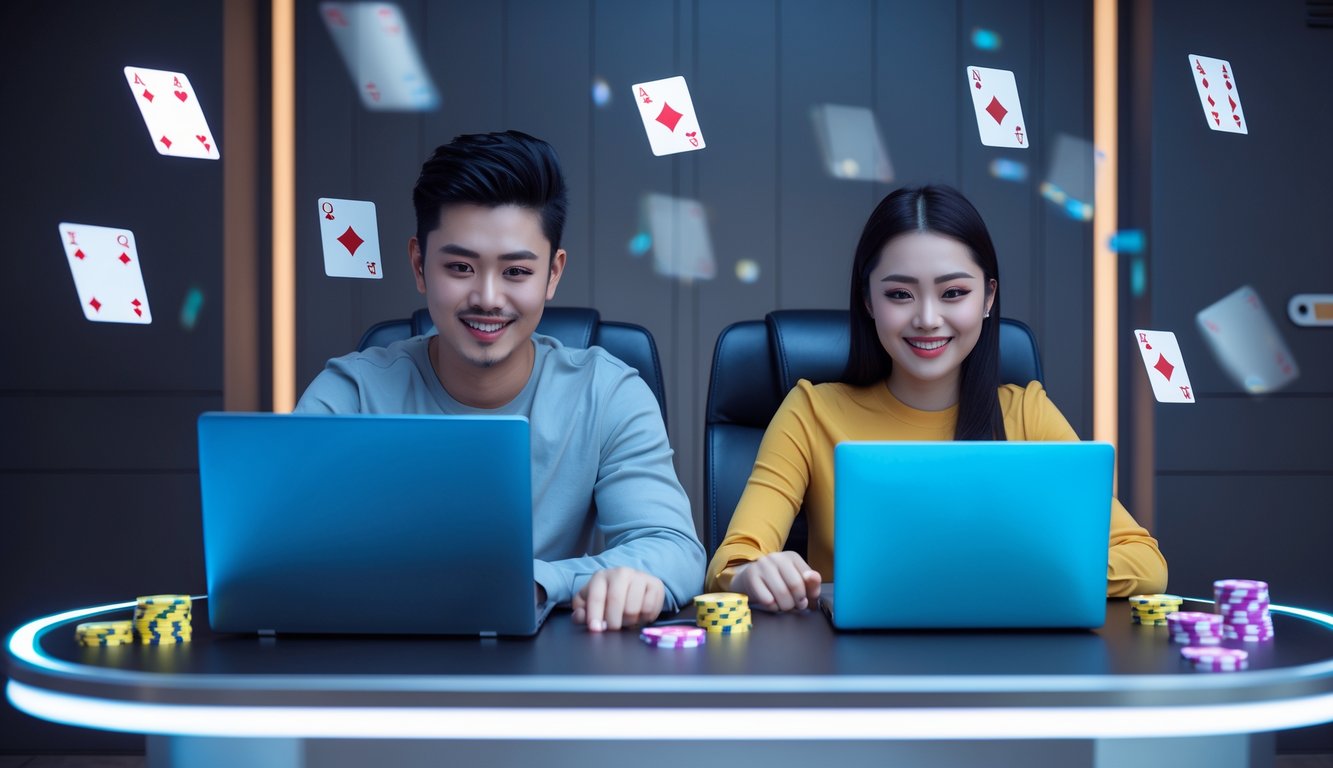 Dua orang muda sedang bermain permainan kartu Ceme secara online menggunakan laptop dan ponsel di ruangan modern.