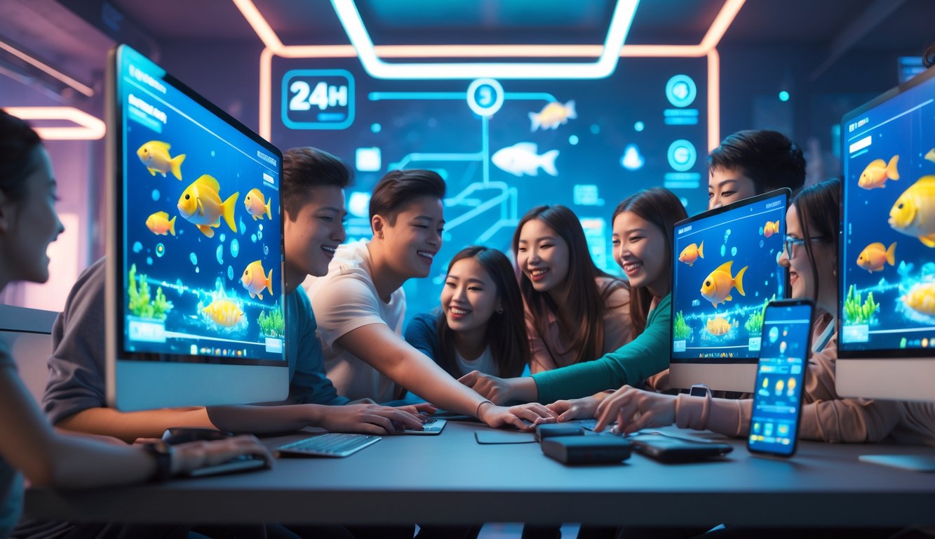 Sekelompok orang muda bermain permainan tembak ikan secara online menggunakan komputer dan ponsel dalam suasana modern dan terang.