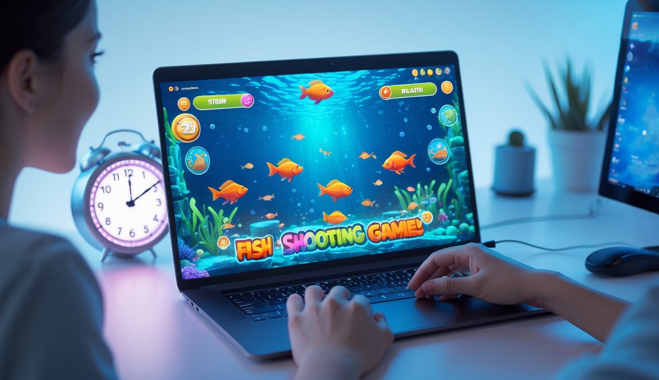 Seseorang sedang bermain permainan tembak ikan online di komputer dengan latar belakang bertema bawah laut dan elemen teknologi.