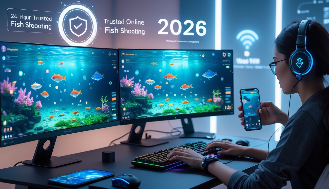 Seseorang bermain game tembak ikan online dengan beberapa layar komputer yang menampilkan ikan berwarna-warni di bawah laut.