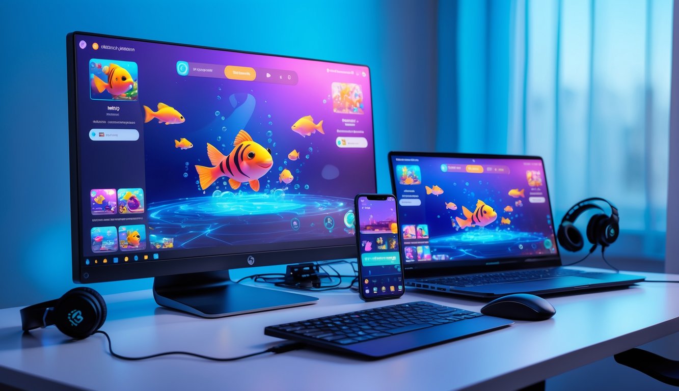 Meja kerja dengan komputer dan laptop menampilkan permainan tembak ikan online, dikelilingi aksesori gaming di ruangan dengan pencahayaan biru lembut.