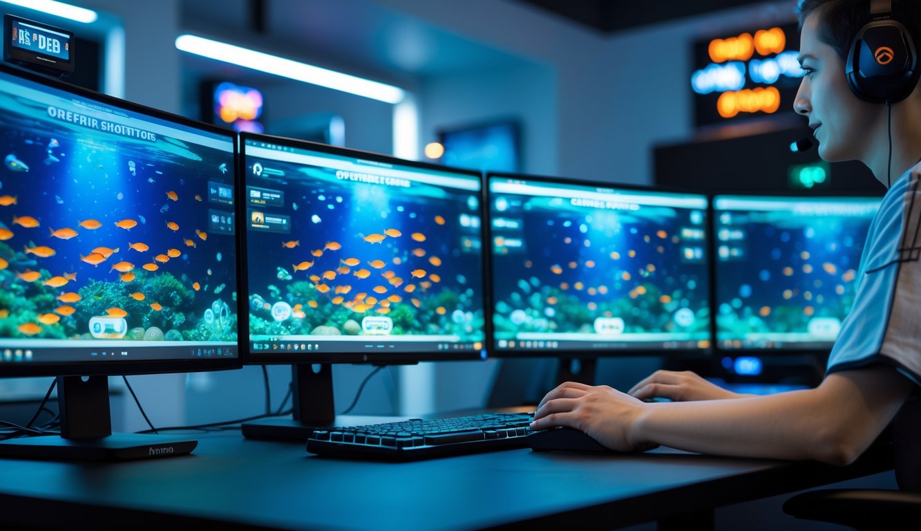 Seorang pemain sedang menggunakan komputer dengan beberapa layar yang menampilkan permainan tembak ikan online di meja yang rapi dan terang.