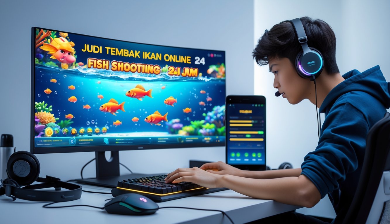 Seorang pemain muda sedang fokus bermain game judi tembak ikan online di depan komputer dengan tampilan grafis ikan berwarna-warni.