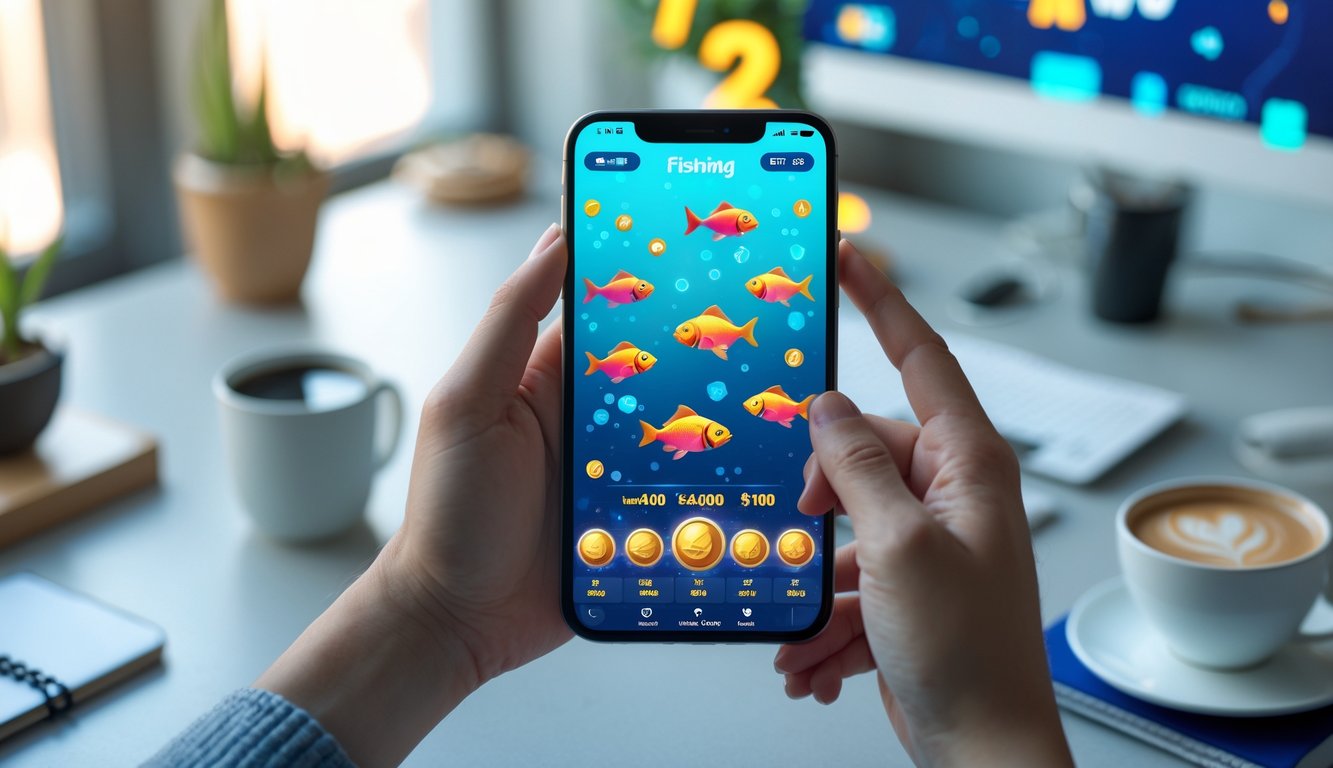 Seseorang memegang smartphone yang menampilkan permainan tembak ikan dengan ikon jackpot dan ikan berwarna-warni di layar.