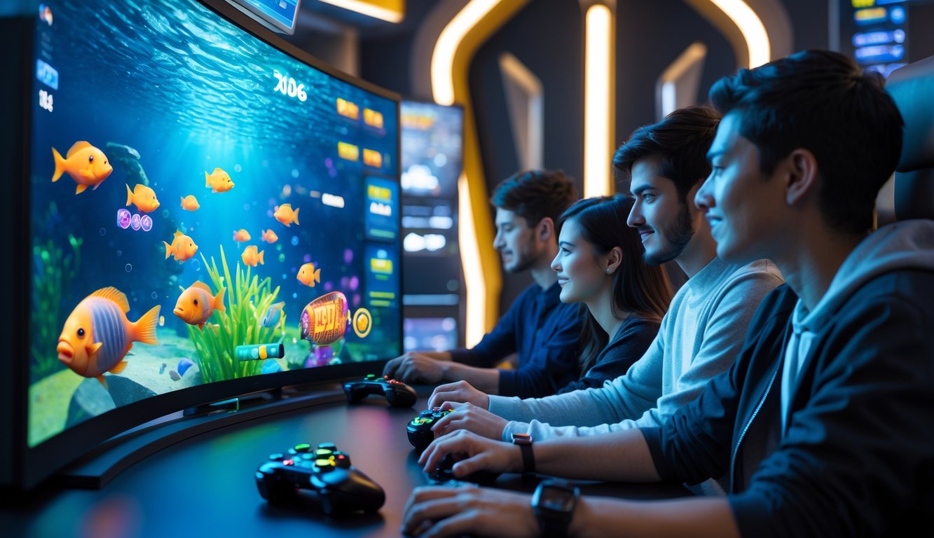 Beberapa orang muda sedang bermain permainan tembak ikan online di sebuah ruangan modern dengan layar besar yang menampilkan ikan berwarna-warni dan ikon jackpot.