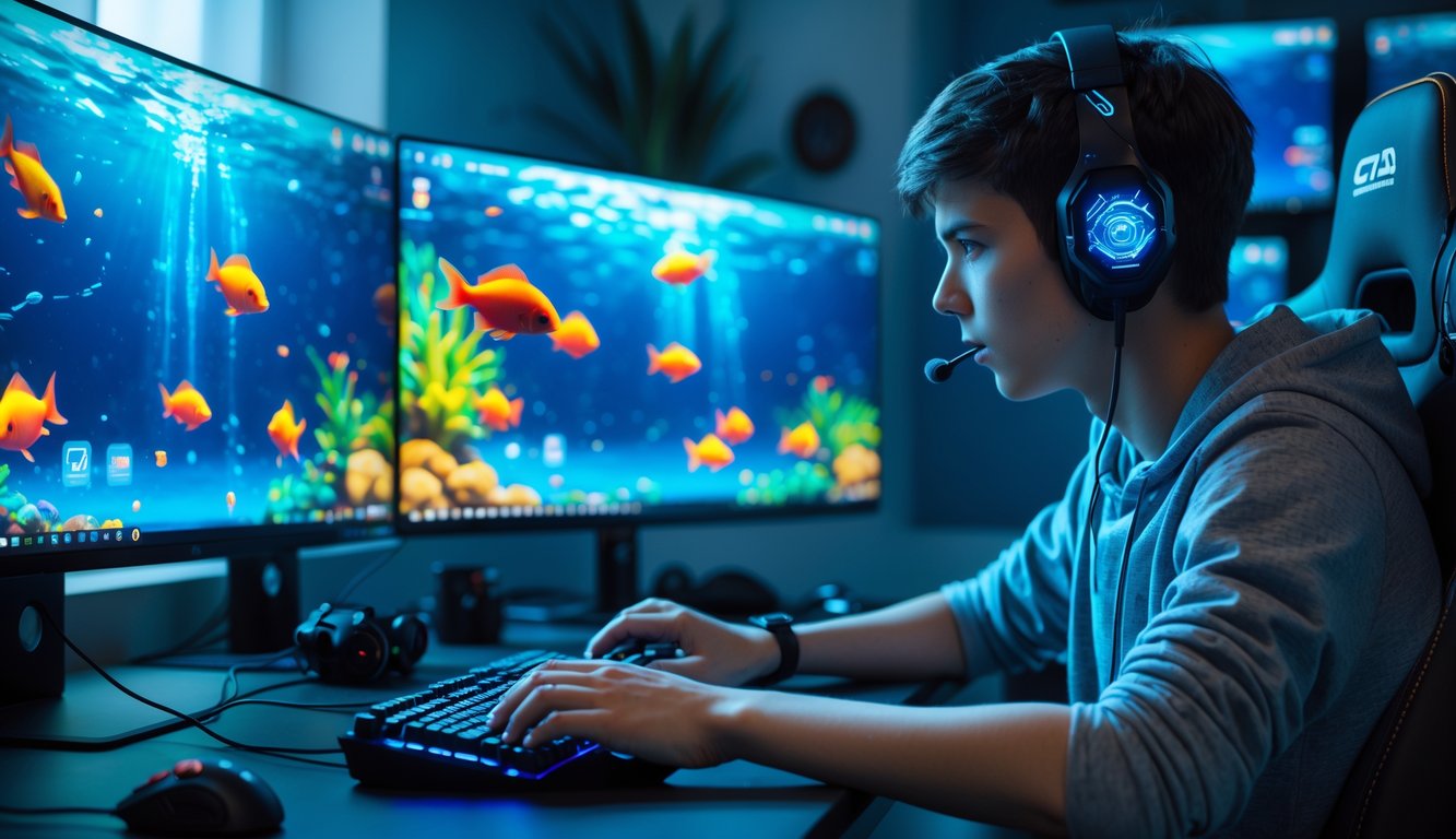 Seorang pemain fokus bermain game tembak ikan online di depan komputer dengan layar menampilkan grafis ikan berwarna-warni.