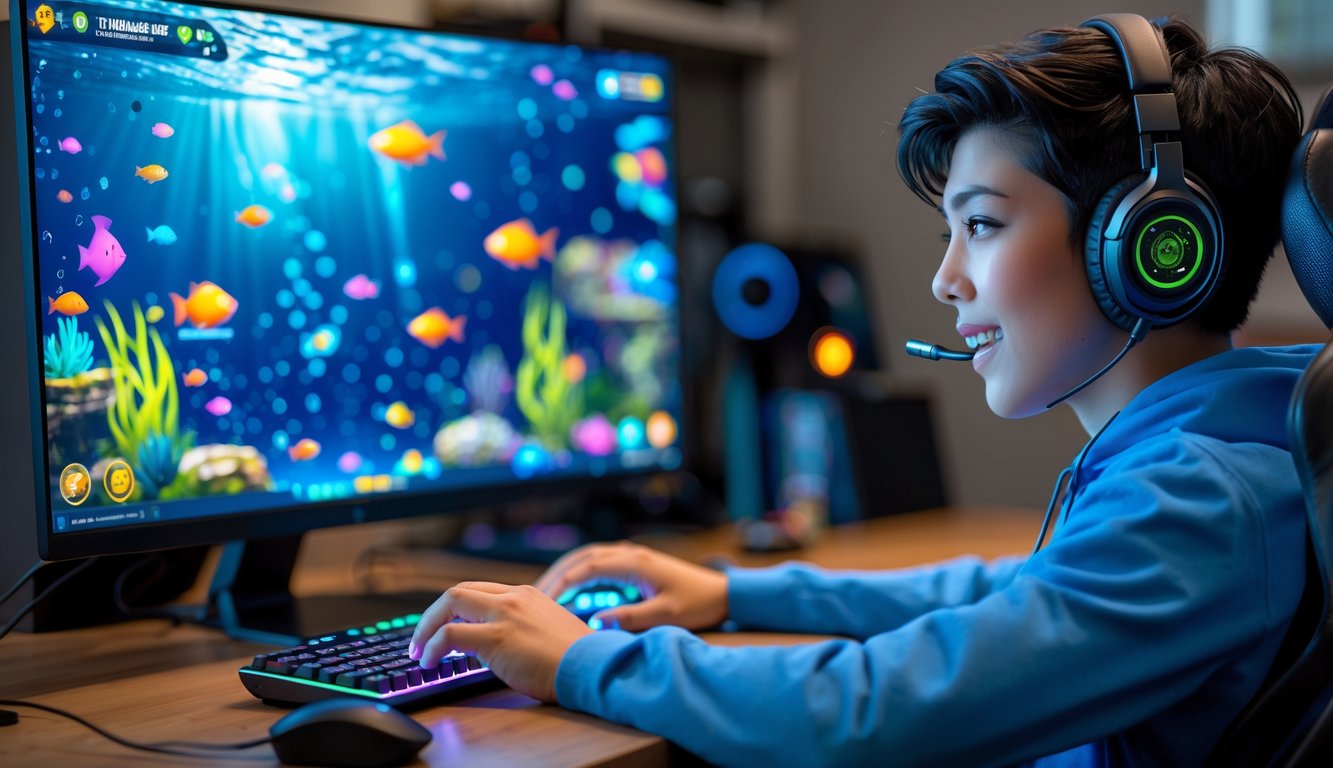 Seorang dewasa muda sedang bermain game tembak ikan online di komputer dengan latar ruangan yang nyaman dan pencahayaan terang.