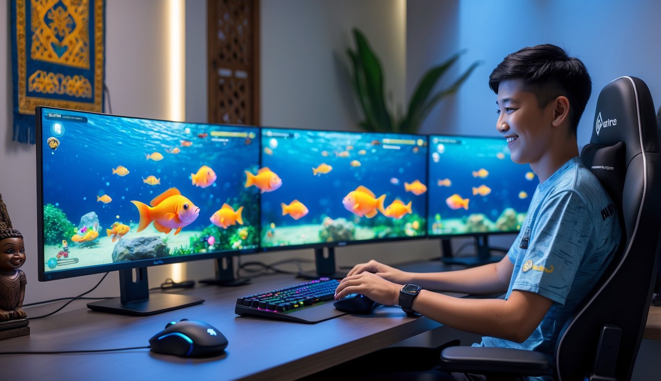 Seorang pemain muda Indonesia sedang bermain game tembak ikan online di depan beberapa monitor dengan latar belakang dekorasi budaya Indonesia.