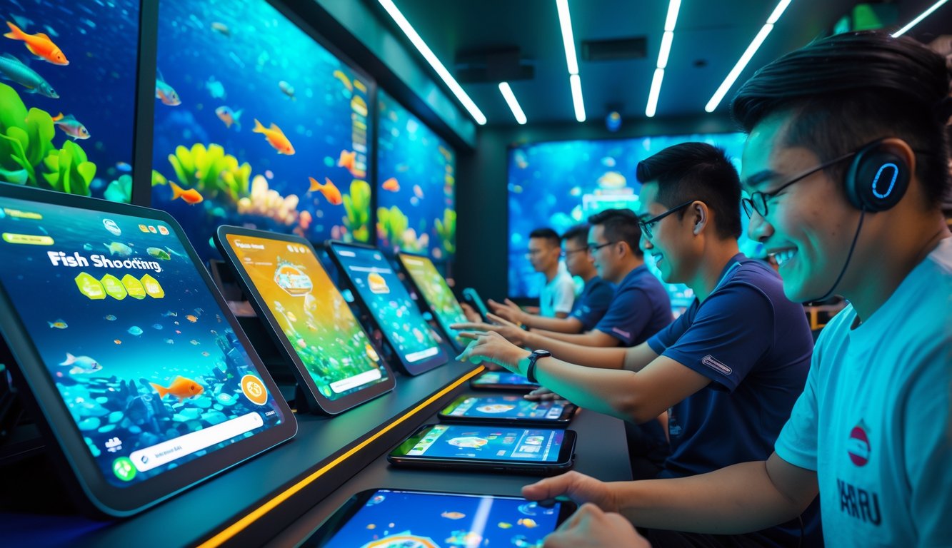 Beberapa pemain Indonesia sedang bermain game tembak ikan online dengan perangkat digital di ruang bermain modern yang berwarna biru dan hijau.