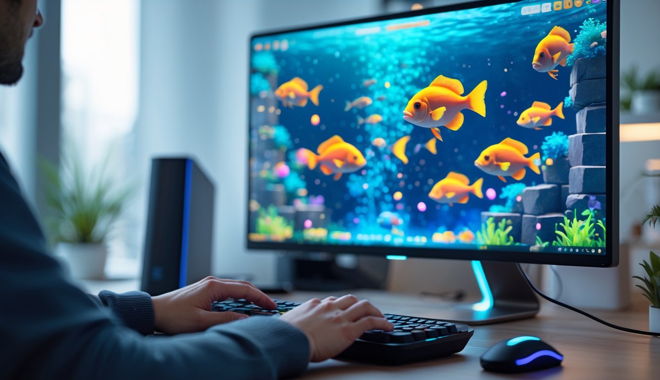 Seseorang bermain game tembak ikan online di depan komputer dengan latar belakang ruangan yang nyaman.