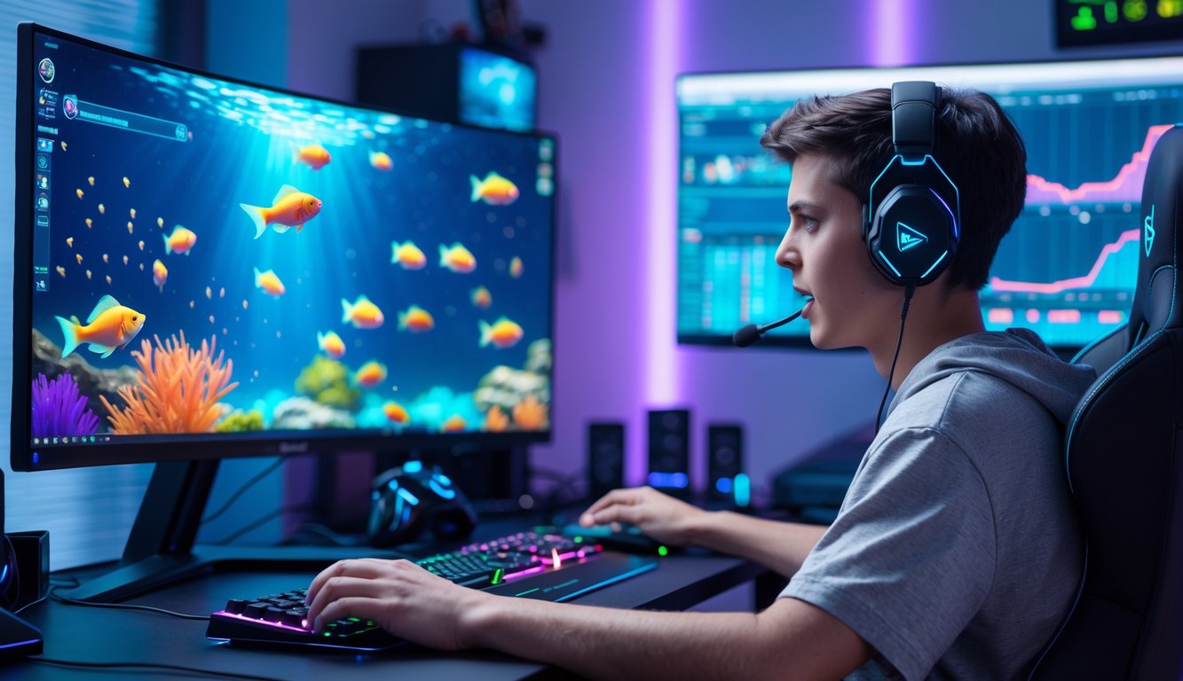 Seorang pemain game sedang fokus bermain game tembak ikan online di komputer dengan layar menampilkan grafis ikan berwarna-warni di ruangan gaming modern.