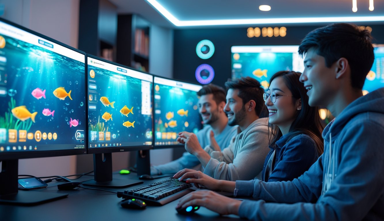 Orang-orang sedang bermain game menembak ikan secara online di ruang kerja modern dengan beberapa monitor yang menampilkan permainan ikan berwarna-warni.