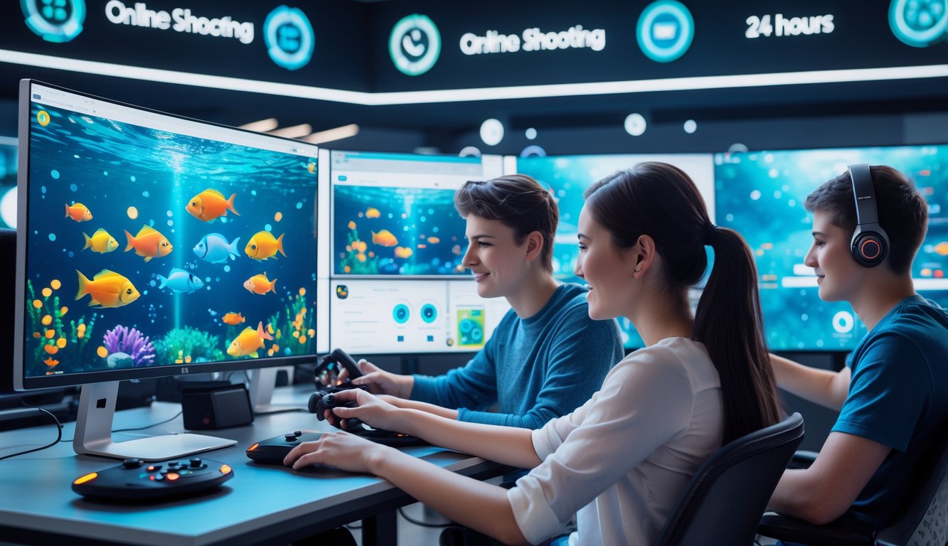 Beberapa orang muda sedang bermain game tembak ikan online di komputer dengan layar penuh warna ikan dan target, menunjukkan suasana permainan yang seru dan interaktif.