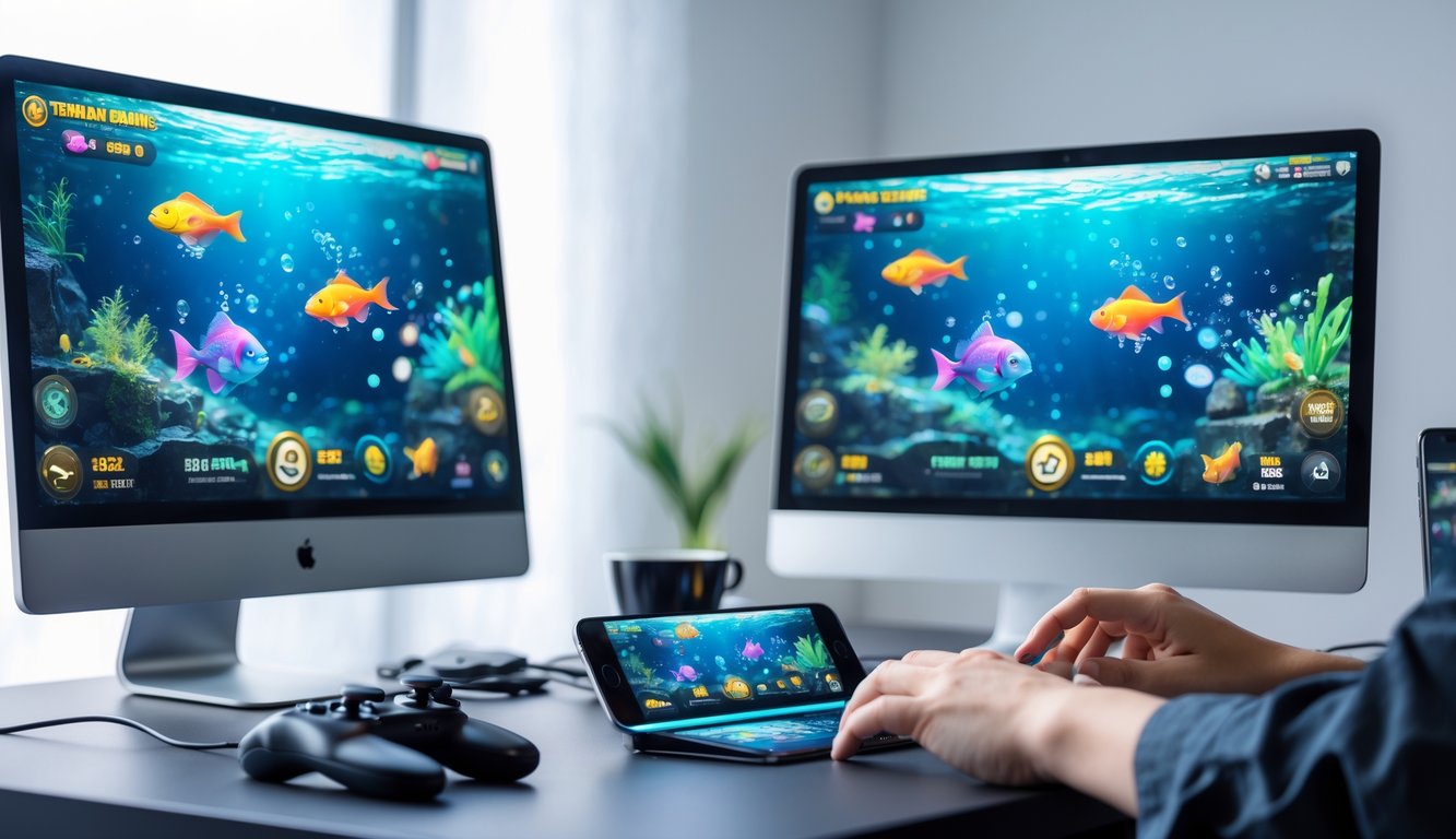 Seseorang sedang bermain game tembak ikan online di komputer dan ponsel dengan latar meja kerja yang rapi.