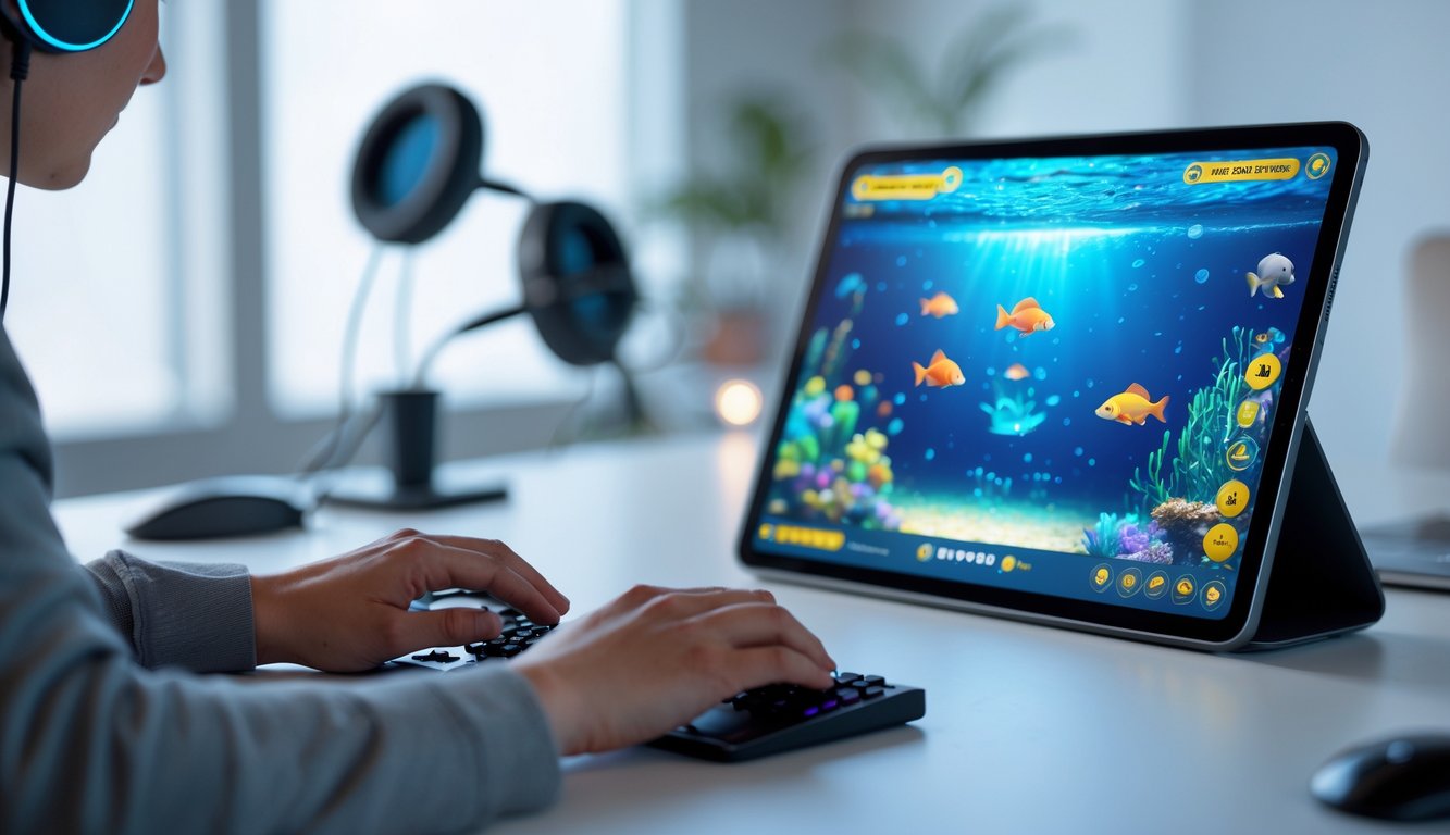 Seseorang bermain game tembak ikan online di komputer di ruang kerja yang rapi dan terang.