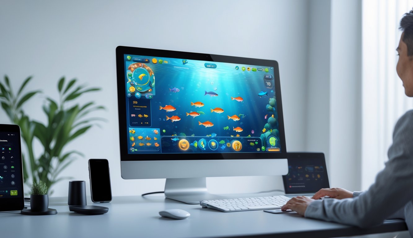 Seorang pengguna sedang bermain permainan tembak ikan online di komputer dengan latar ruang kerja yang rapi dan peralatan teknologi di sekitarnya.
