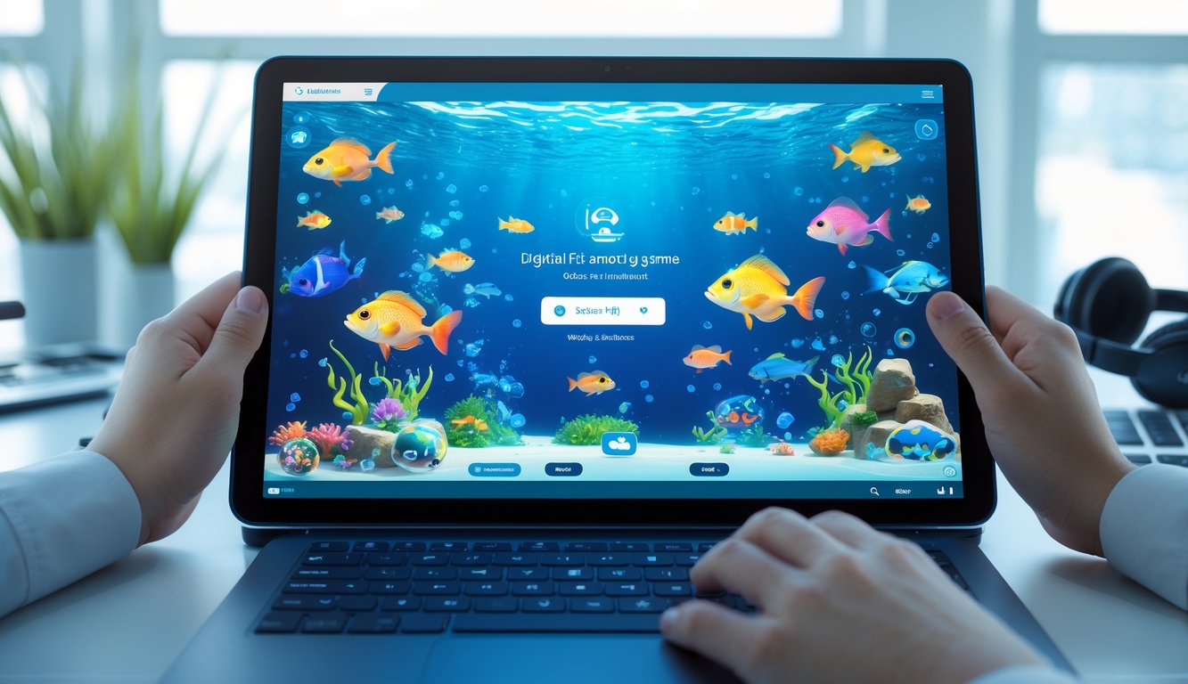 Seorang pengguna sedang bermain game tembak ikan online di layar komputer dengan latar ruang kerja yang rapi dan terang.