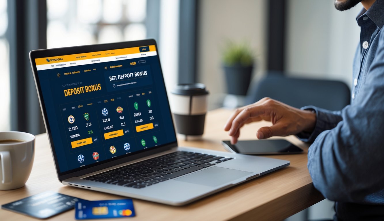 Seseorang duduk di depan laptop dengan tampilan situs taruhan olahraga online dan kartu kredit di meja.