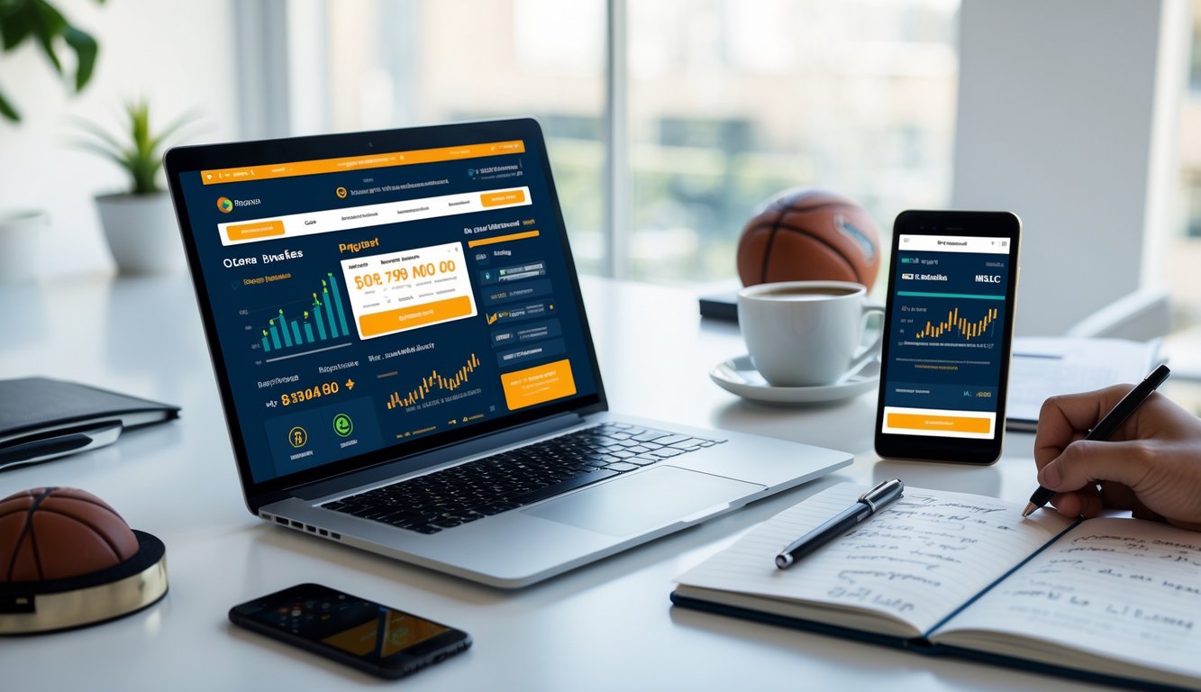 Seorang pria bekerja di meja dengan laptop dan ponsel yang menampilkan situs taruhan olahraga, di meja juga terdapat catatan dan cangkir kopi.