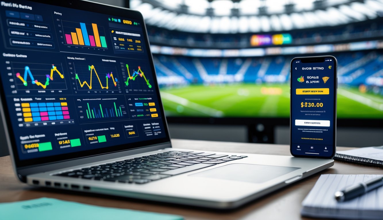 Meja kerja dengan laptop, ponsel menampilkan aplikasi taruhan olahraga, dan layar besar menampilkan stadion olahraga di latar belakang.