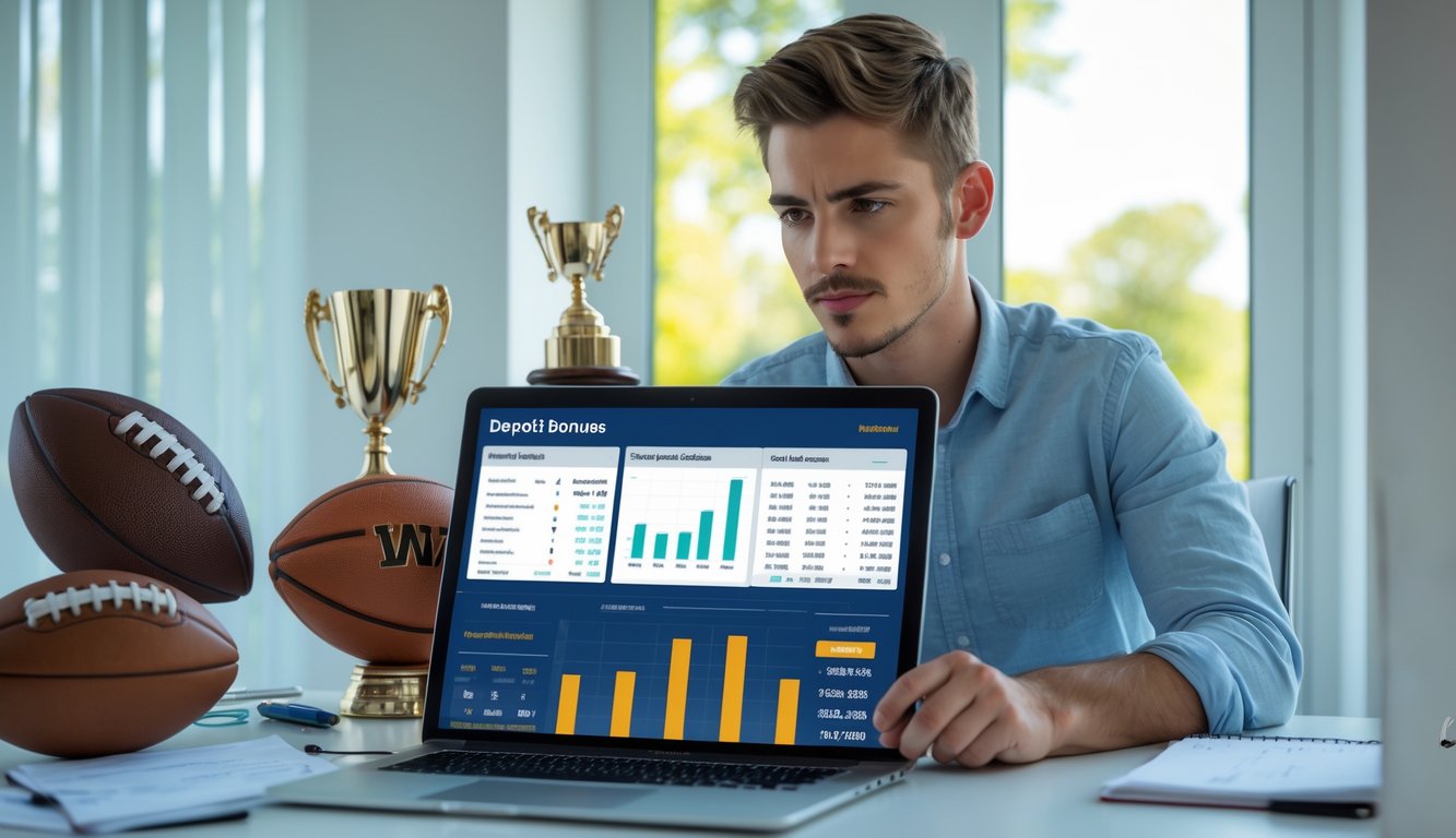 Seorang pria muda fokus menggunakan laptop di ruang kerja dengan perlengkapan olahraga di sekitarnya.