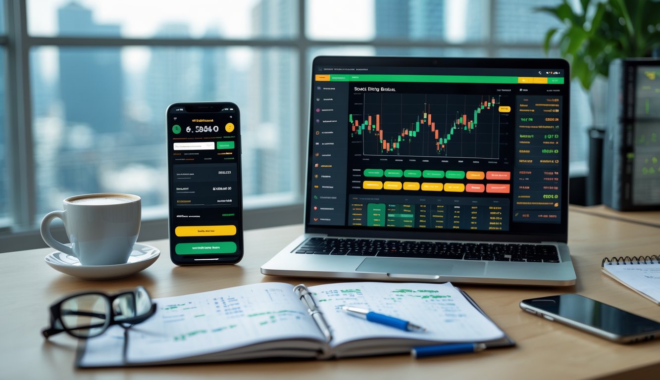 Meja kerja dengan laptop yang menampilkan situs taruhan olahraga, ponsel dengan aplikasi skor langsung, dan buku catatan dengan catatan, di ruang dengan jendela besar dan pemandangan kota.