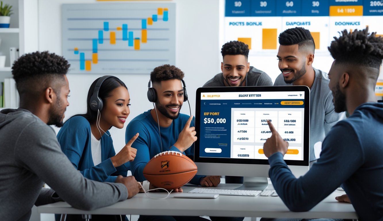 Beberapa orang muda sedang berdiskusi di depan komputer yang menampilkan situs taruhan olahraga dengan suasana yang profesional dan cerah.