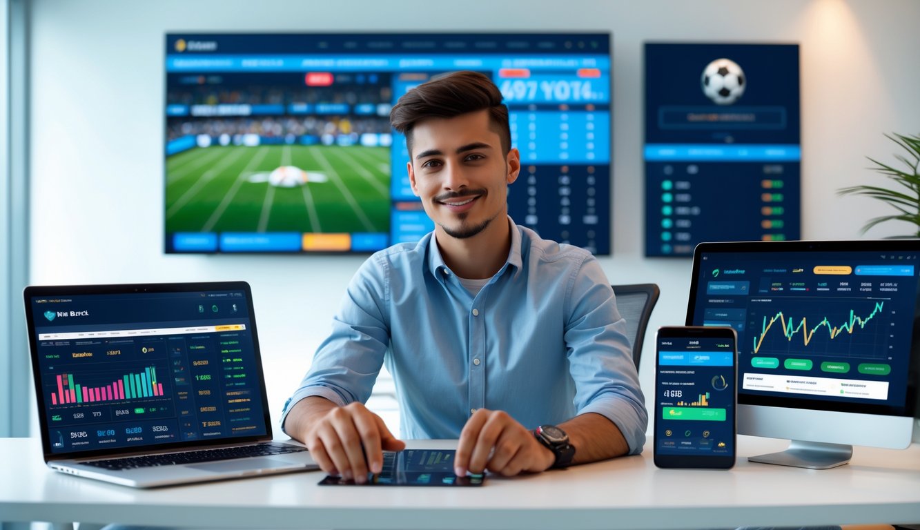 Seorang pria muda duduk di meja modern dengan beberapa perangkat digital yang menampilkan situs taruhan olahraga, sambil menganalisis data dan menonton pertandingan olahraga langsung di layar besar.