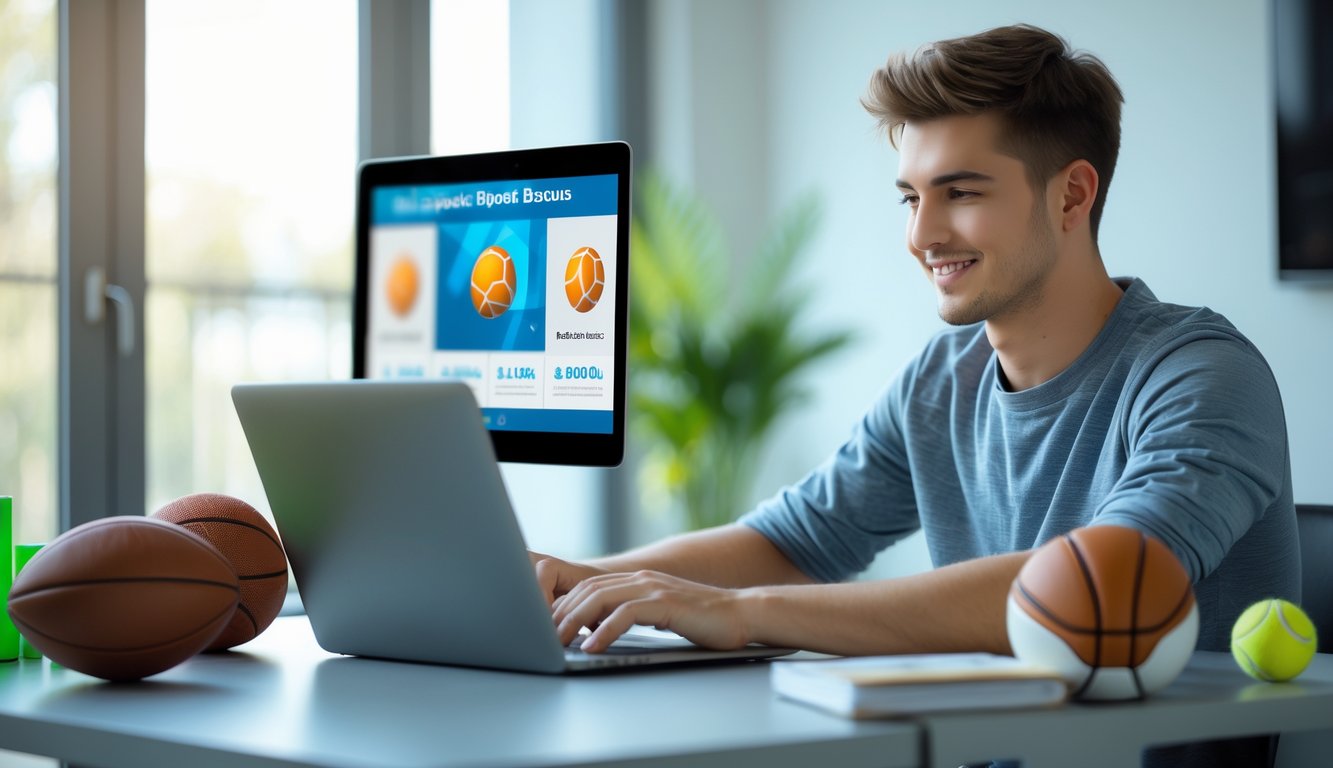 Seorang pria muda duduk di meja dengan laptop, dikelilingi bola olahraga, terlihat fokus dan tersenyum di ruangan terang dengan jendela besar dan tanaman hijau.