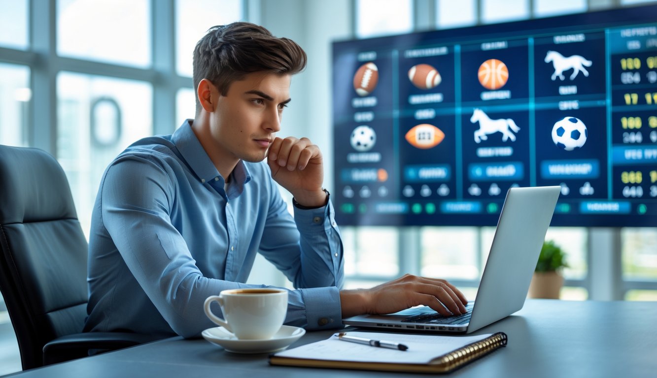 Seorang pria muda duduk di meja dengan laptop yang menampilkan peluang taruhan olahraga, terlihat fokus menganalisis data di sebuah kantor terang.
